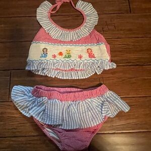 Smockingbird 3T Pink and Blue Striped Ruffle Bikini smocked mermaid Set
